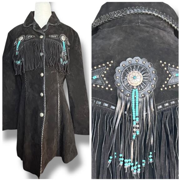 Vintage Scully Black Suede Beaded Fringe Concho Western Leather Jacket Medium - Picture 1 of 15